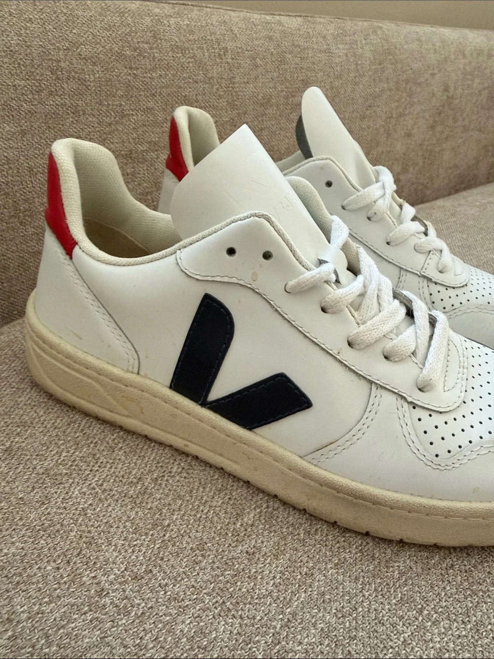 Veja White Leather Sneakers with Navy V and Red Heel Accent